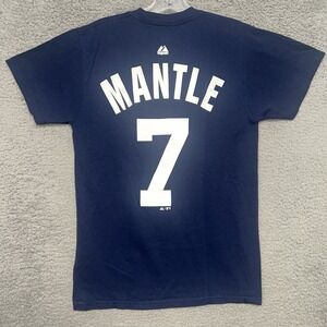 VTG Majestic New York Yankees Mickey Mantle T Shirt Mens Sz S Blue #7 Jersey Tee